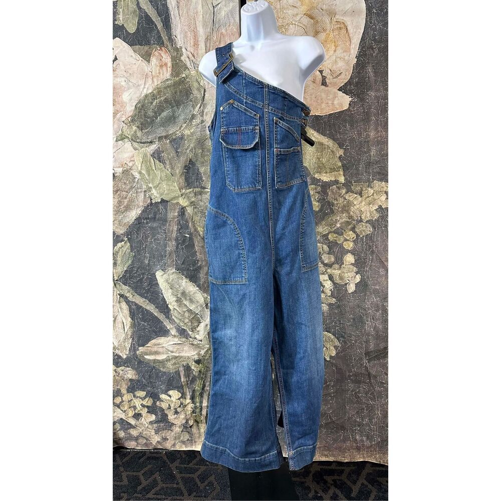 Anthropologie Dark Blue Denim Wide-Leg Asymmetric Overalls Jumpsuit - Picture 7 of 11